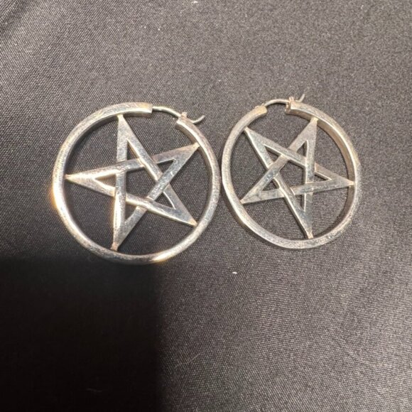 Loved to Death Sterling Silver Pentagram Hoop Earrings - Picture 3 of 3